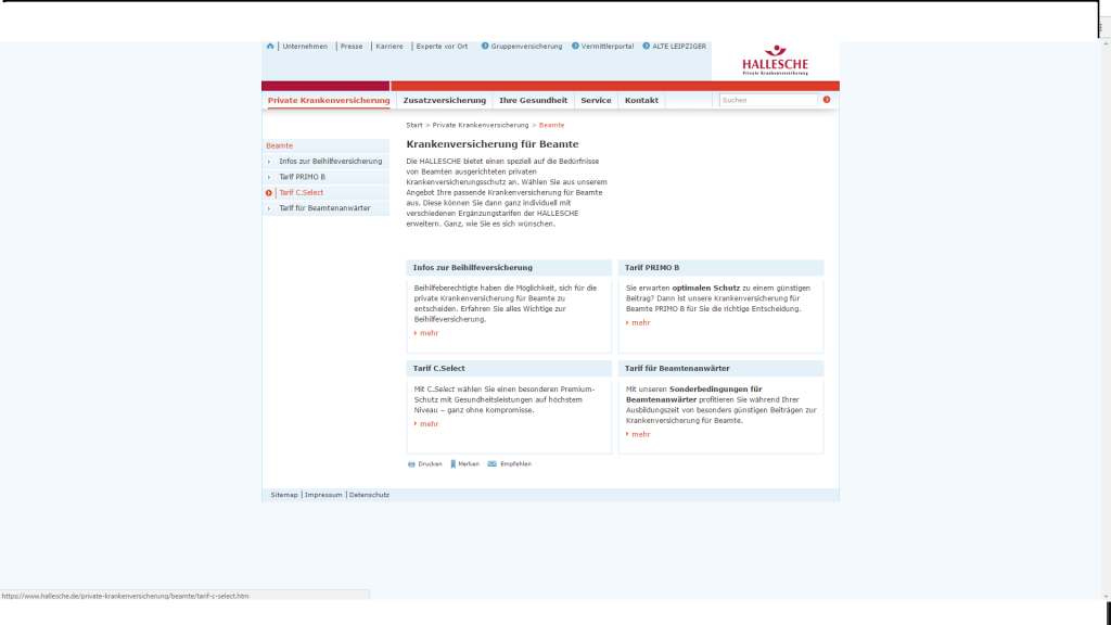 Screenshot Website der HALLESCHE Krankenversicherung a.G. vom 13.10.2016